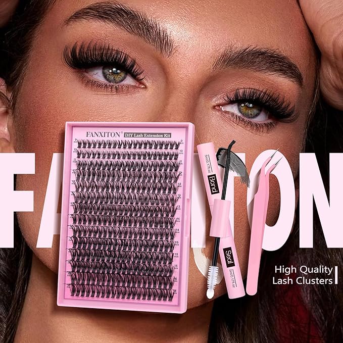 FANXITON DIY Lash Extension Kit 50D D Individual Lashes Lash Clusters Kit Cluster Lashes Lash Bond and Seal and Lash Tweezers for Lash Clusters Kit DIY at Home