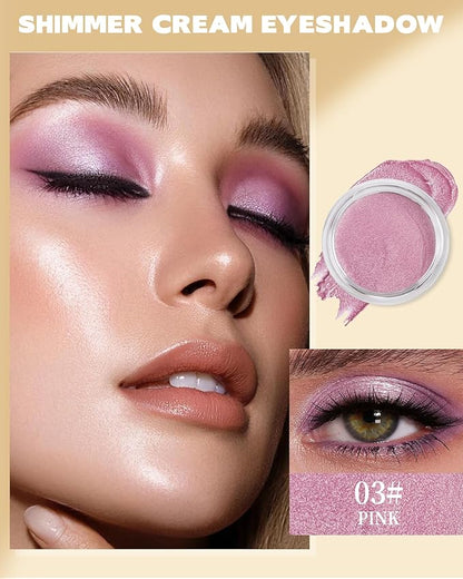Shimmer Cream Eyeshadow, Ultra-Blendable Glitter Eye Shadow with Moisturizing Formula, Waterproof Long Lasting & Highly Pigmented, Single Creme Eyeshadow Metallic Highlighter Makeup for Women-03#Pink