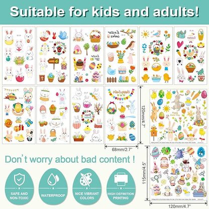 Easter Temporary Tattoos for Kids, Easter Egg and Bunny Fake tattoo for Boys and Girls,Easter Basket Stuffers
