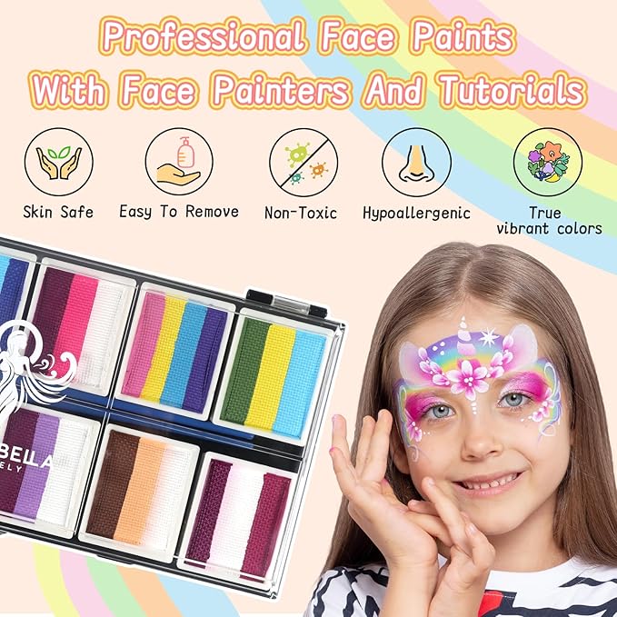 Professional Face Painting Kit for Kids,12X10gm Water Activated Rainbow Cake Face Paint with Stencil & Brushes,Hypoallergenic & Non-Toxic,Gift for Birthday Parties/Halloween/Carnival