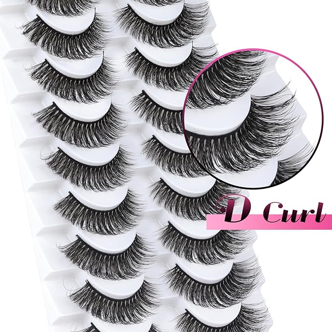 Ahrikiss Russian Strip Lashes Fluffy Wispy Faux Mink Lashes D Curl False Eyelashes Fluffy Wispy 10 Pairs Pack (D01)
