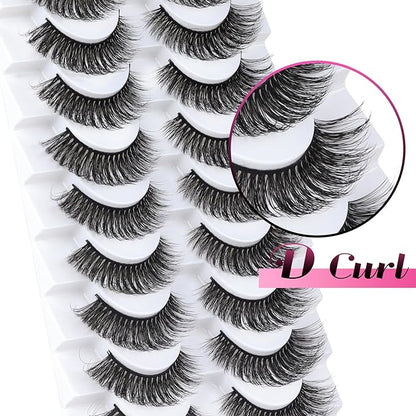 Ahrikiss Russian Strip Lashes Fluffy Wispy Faux Mink Lashes D Curl False Eyelashes Fluffy Wispy 10 Pairs Pack (D01)