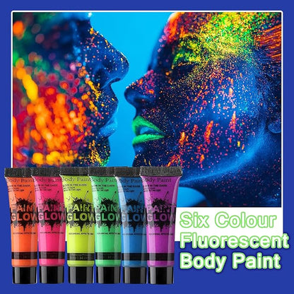 Glow in the Dark Face & Body Paint Set - 6 Colors, Professional Kit for Party, Cosplay, Blacklight Glow SFX Makeup, 10 ml