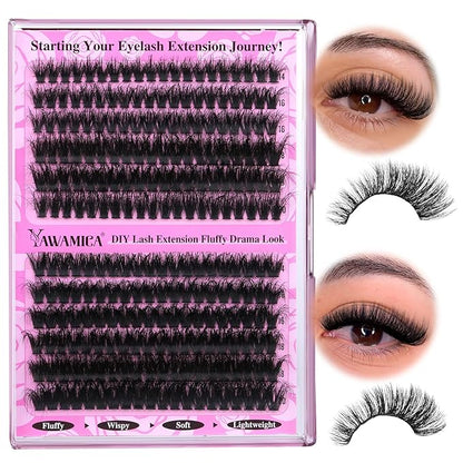 Yawamica Wispy Individual Lashes Clusters Fluffier Eyelash Extension 150D+200D Thick Volume Eyelash Clusters 14-20mm D Curly Clusters Lashes 240pcs DIY Lash Extension for Beginners