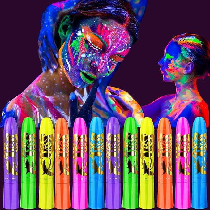 12 Pieces Glow In The UV Light Body & Face Paint,Glow In The Black Light Face Painting Kits Makeup for Adult Glow Party Supplies