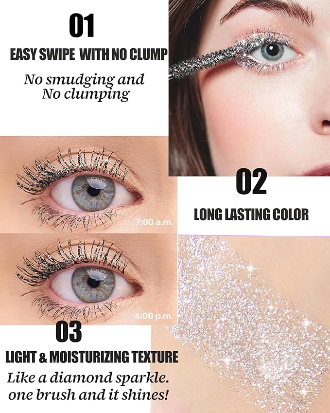 Silver Glitter Mascara and Liquid Eyeliner Pen Waterproof, Metallic Colored Shimmer Lash Mascara Volume and Length &Eye Liner for Women Volumizing Long Lasting Eye Makeup-Set A