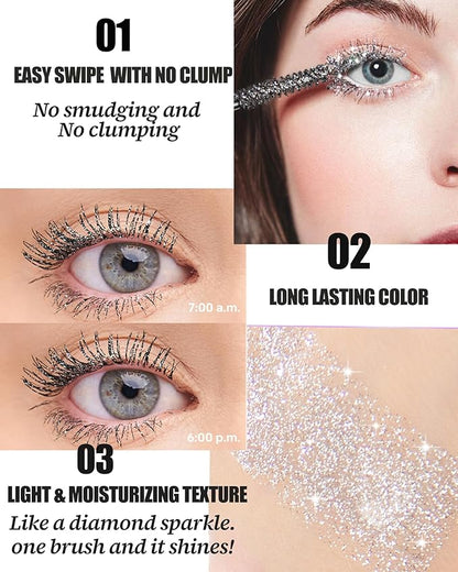Silver Glitter Mascara and Liquid Eyeliner Pen Waterproof, Metallic Colored Shimmer Lash Mascara Volume and Length &Eye Liner for Women Volumizing Long Lasting Eye Makeup-Set A