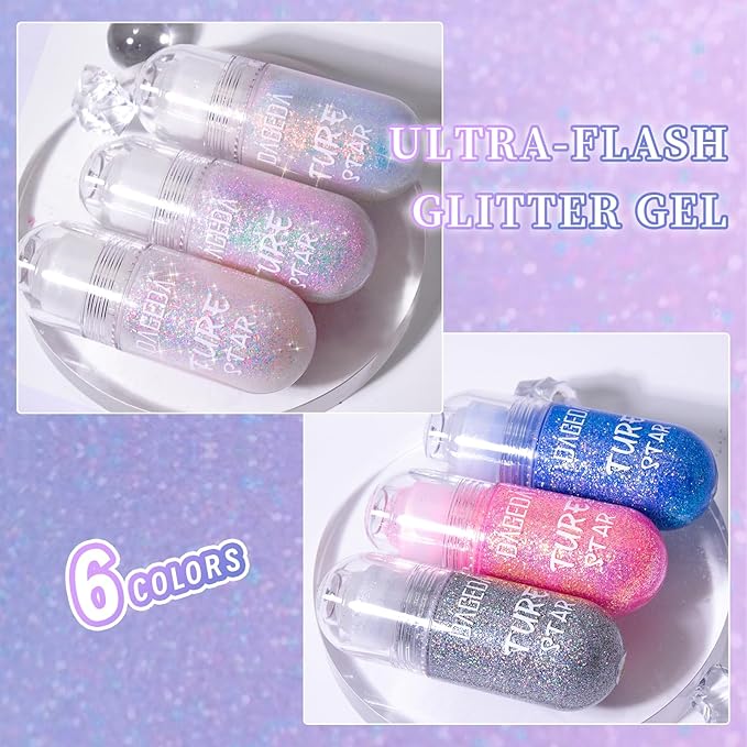 DAGEDA 2Colors Roll-on Body Glitter Gel for Body, Hair, Face, Holographic Glitter Makeup for Rave Accessories, Body Shimmer Hair Glitter Gel for Halloween Makeup(Dazzle + Sprakling Pink)