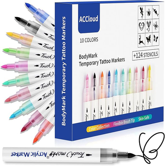 Temporary Tattoo Markers for Skin Paint Pens Kit, 10 Body Painting Markers+ Tattoo Stencils for Kids and Adults, Extra Fine Tip Skin Safe