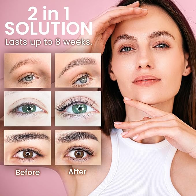 Lash Lift Kit, Eyebrow Lamination Kit, 2-in-1 Solution, At Home Brow Lamination Kit, Eyelash Lift, Lasts 6-8 Weeks, 15 Applications, DIY Perm Kit for Eyelashes and Brows