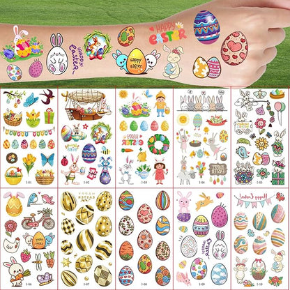 10 Sheets Happy Easter Temporary Tattoos For Kids Boys Girls Easter Basket Stuffers Party Decoration, Funny Bunny Eggs Fake Tattoo Sticker Easter Accessories Supplies Goodie Bag Fillers Children Gifts