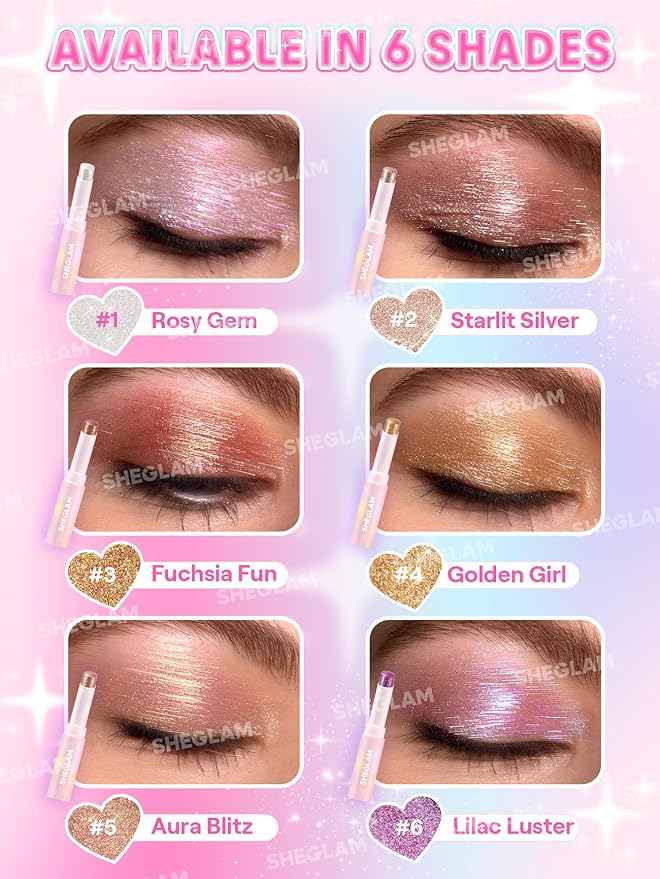SHEGLAM Crystal Jelly Glaze Stick Eye Shadow Stick Eyeliner Brightener Pencil Crayon with Brush Easy to Blend Long Lasting Shimmer Eyeshadow-Fuchsia Fun