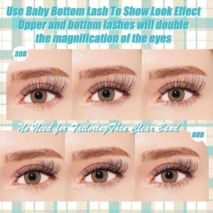 Lash Clusters Kit with Bottom Lashes, Lash Extension Kit With 30D40D50D60D Fluffy Upper Wispy Lash Clusters & 2 Type Bottom Lash Clusters,EyeLash Extension Kit with Black Bond & Clear Glue 2 In 1