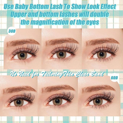Lash Clusters Kit with Bottom Lashes, Lash Extension Kit With 30D40D50D60D Fluffy Upper Wispy Lash Clusters & 2 Type Bottom Lash Clusters,EyeLash Extension Kit with Black Bond & Clear Glue 2 In 1