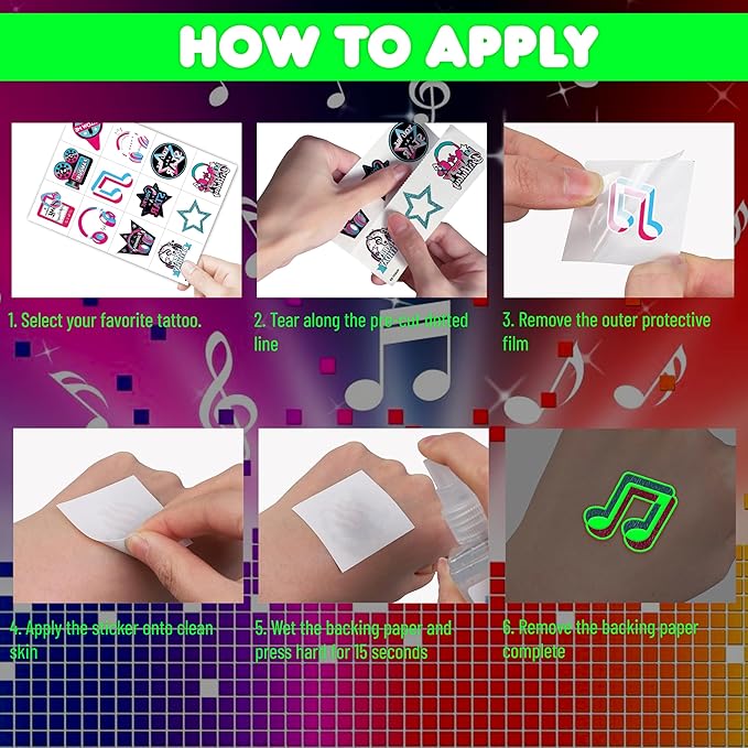 (96PCS) Music Note Notes Musical Motivational Pre-Cut Temporary Tattoos for Kids Birthday Themed Party Supplies Decorations Favors Super Cute Instrument Stickers Tattoo (Luminous)