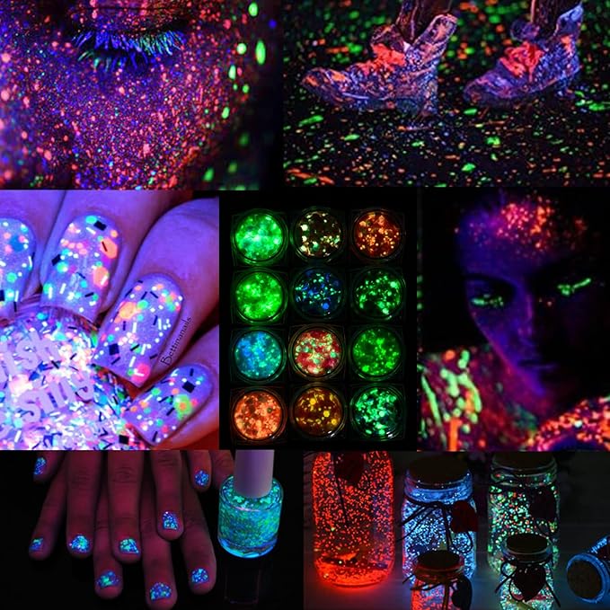 Glow in The Dark Chunky Glitter 12 Boxes Luminous Iridescent Glitter Tiffany Rose Yellow Flakes for Face Eyes Body Hair DIY Nail Art Decals (A)