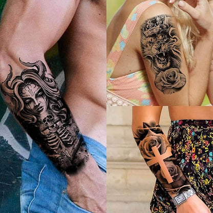63 Sheets Halloween Black Wolf Tiger Lion Temporary Tattoos For Women Men Arm Sleeve, Scary Skull Skeleton Fake Tattoo Stickers Adults, 3D Long Lasting Tattoos Temporary Tribal Owl Flower Legs