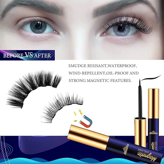 Menaka Magnetic Eyelashes Natural Look, Wispy short Magnetic Lashes with Eyeliner Kit, 4 Tubes of Magnetic Liner Upgraded Waterproof,Long Lasting. Reusable False Eyelashes Easy to Apply,10 Pairs