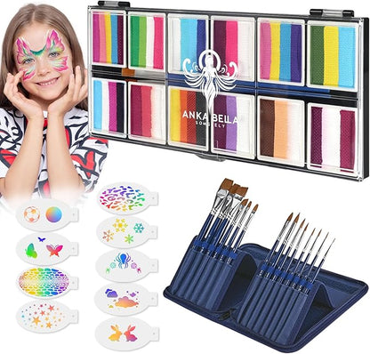 Professional Face Painting Kit for Kids,12X10gm Water Activated Rainbow Cake Face Paint with Stencil & Brushes,Hypoallergenic & Non-Toxic,Gift for Birthday Parties/Halloween/Carnival