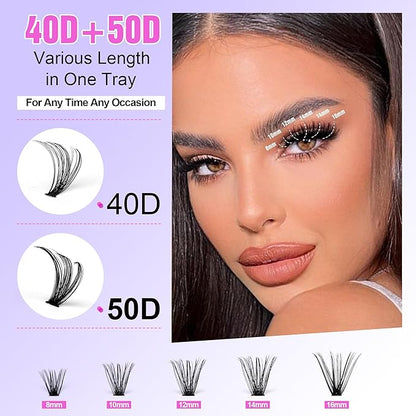 Pawotence Lash Extension Kit Individual Lash Clusters Kit 40D 50D Eyelash Extension Kit 8-16mm Eyelash Clusters with Lash Bond and Seal, Lash Tweezers for Beginners (40D&50D, 0.07D, 8-16mm, Kit)
