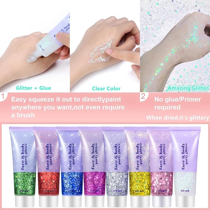 Go Ho Rose Purple Face Body Glitter Gel,Mardi Gras Purple Face Paint Makeup,Holographic Chunky Sequins Glitters for Eye Lip Hair Nails,Festival Rave Accessories,52g
