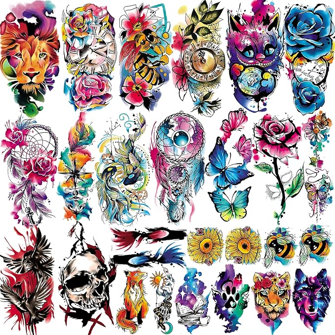 3D Watercolor Temporary Tattoo for Women Men, Colorful Small Half Arm Tattoos Flower Butterfly Cat Fake, Tiny Tattoo Sticker Tiger Wolf Waterproof