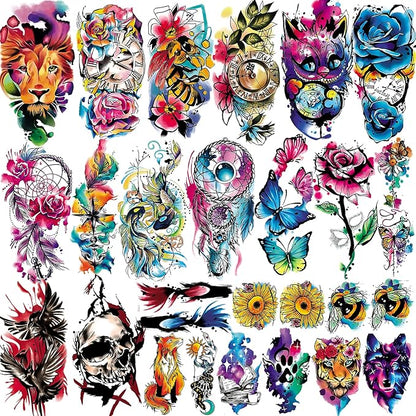 3D Watercolor Temporary Tattoo for Women Men, Colorful Small Half Arm Tattoos Flower Butterfly Cat Fake, Tiny Tattoo Sticker Tiger Wolf Waterproof