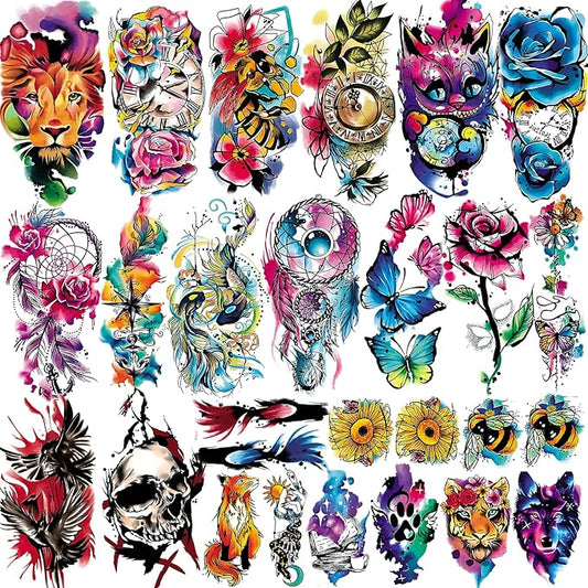 3D Watercolor Temporary Tattoo for Women Men, Colorful Small Half Arm Tattoos Flower Butterfly Cat Fake, Tiny Tattoo Sticker Tiger Wolf Waterproof