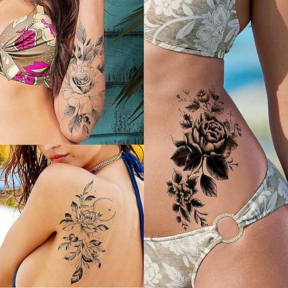 65 Sheets Black Realistic Flower Temporary Tattoos For Women Arm Thigh, 3D Fake Tattoos That Look Real And Last Long, Temp Rose Sketch Moon Snake Peony Floral Tattoo Stickers For Adults Girls