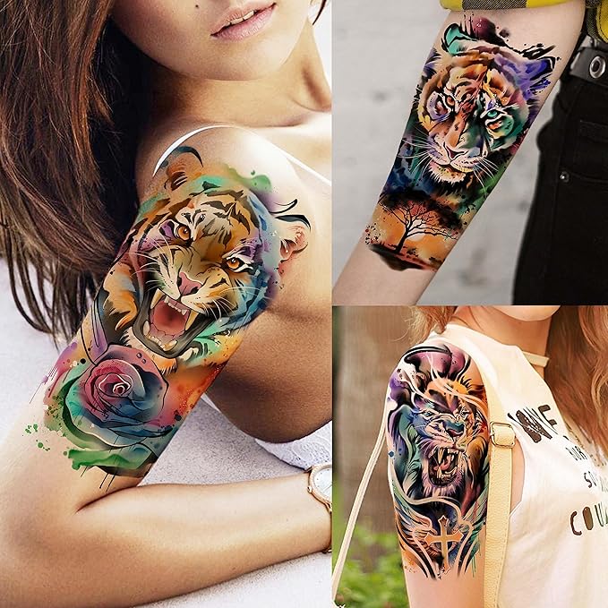 55 Sheets 3D Watercolor Temporary Tattoos For Women Men Adults Kids - Realistic Animal Print, Tribal, Floral, Halloween Designs - Multicolor - Waterproof - Ages 3+