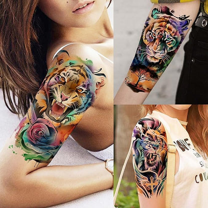 55 Sheets 3D Watercolor Temporary Tattoos For Women Men Adults Kids - Realistic Animal Print, Tribal, Floral, Halloween Designs - Multicolor - Waterproof - Ages 3+