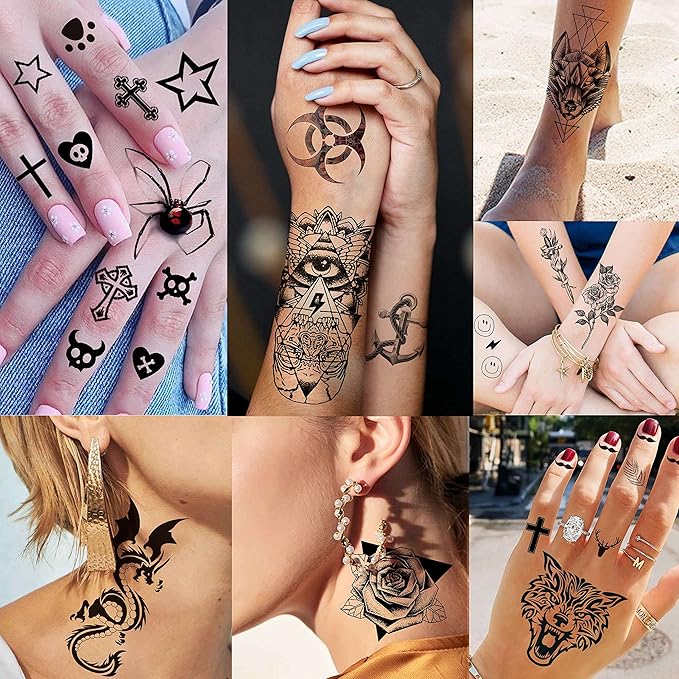 50 Sheets Black Temporary Tattoos For Men Adults Ealge Dragon Lion Wolf Animals For Women Neck Arm Thigh, Fake Small Skull Tattoo Sticker For Kids Children Boys Girls Tatoos