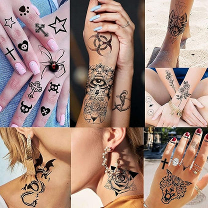 50 Sheets Black Temporary Tattoos For Men Adults Ealge Dragon Lion Wolf Animals For Women Neck Arm Thigh, Fake Small Skull Tattoo Sticker For Kids Children Boys Girls Tatoos