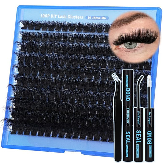 Focipeysa Thick Lash Extension Kit Full Lash Clusters 100P Eyelash Extension Kit DIY Lash Extension Kit with Bond and Seal Glue, Lash Applicator DIY at Home for Beginner (100P 10-18MM)