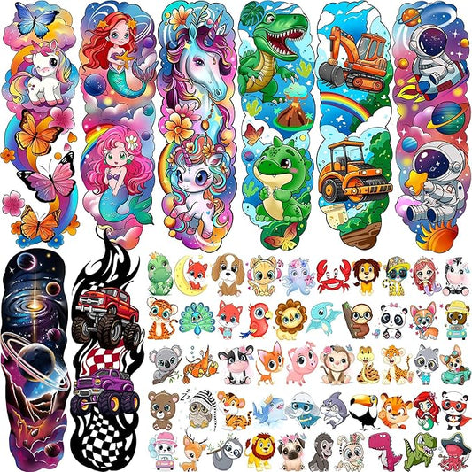 58 PCS Cartoon Unicorn Mermaid Temporary Tattoo For Kids Girls Boys, Full Arm Animals Dinosaur Car Space Monster Truck Butterfly Body Face Fake Arm Tattoos Stickers Birthday Gifts Party Supplies