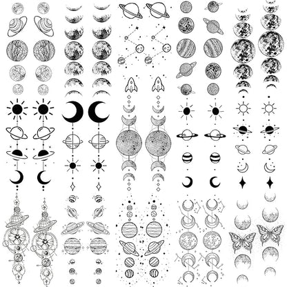 15 Sheets Realistic Space Planets Chain Temporary Tattoos For Women Men Arm Neck, Butterfly Solar System Moon Sun Star Fake Tattoo Sticker, Small Universe Tatoos Kids Girls Boys Forearm Body