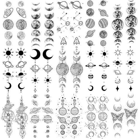 15 Sheets Realistic Space Planets Chain Temporary Tattoos For Women Men Arm Neck, Butterfly Solar System Moon Sun Star Fake Tattoo Sticker, Small Universe Tatoos Kids Girls Boys Forearm Body