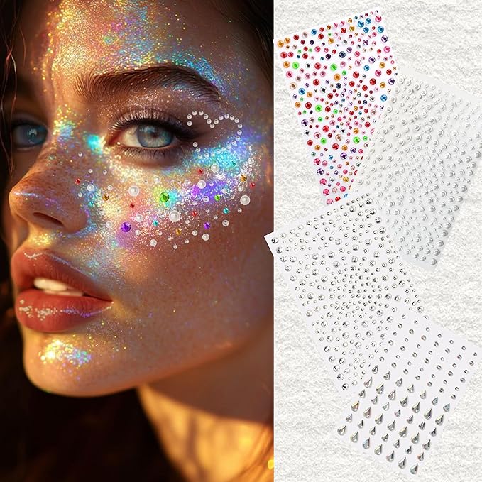 Glitter Freckles Face Tattoo - Gold Face Glitter Makeup Speckles - Face Glitter Speckles Patches - Waterproof Sparkle Freckles for Women - Face Gems and Pearls for Makeup - 12 Count (Gold)