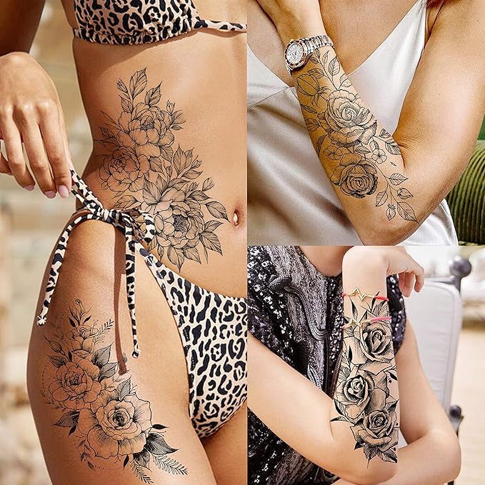 63 Sheets Realistic Black Rose Peony Flower Temporary Tattoos for Women Adults Body Art Arm, Snake Fake Floral Sketch Sleeve Tattoo Sticker