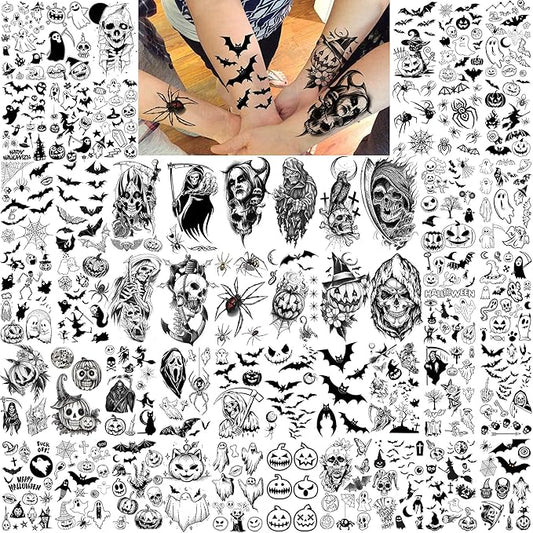 52 Sheets Halloween Temporary Tattoos For Kids Boys Girls Women Men, 3D Scary Skull Skeleton Fake Tattoos Sticker For Adults, Small Ghost Vampire Bat Pumpkin Spider Temp Transfer Tatoos Devil
