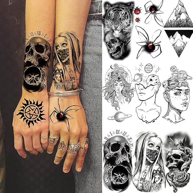 52 Sheets Black Skull Temporary Tattoos For Men Women Arm Neck Tatoos, 3D Realistic Small Rose Flowers Fake Tattoos Temporary, Waterproof Mountain Snake Lion Tiger Temp Tattoo Sticker Adults