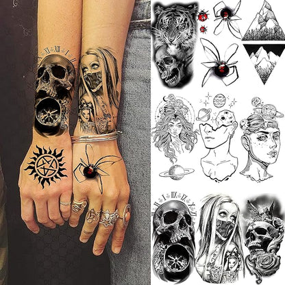 52 Sheets Black Skull Temporary Tattoos For Men Women Arm Neck Tatoos, 3D Realistic Small Rose Flowers Fake Tattoos Temporary, Waterproof Mountain Snake Lion Tiger Temp Tattoo Sticker Adults