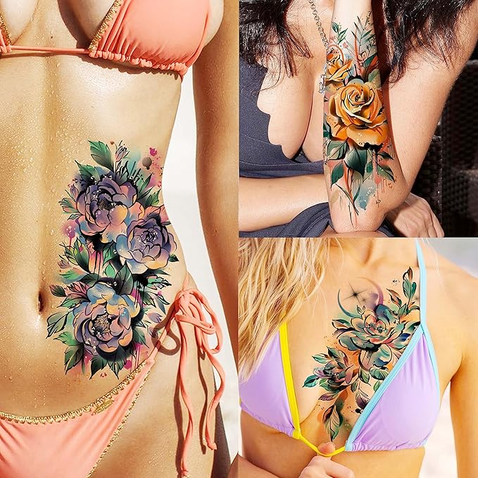 63 Sheets 3D Watercolor Rose Temporary Tattoos For Women Arm Girls Adults, Water Color Peony Flower Tattoo Sticker, Bulk Temp Fake Long Lasting Tattoo Colorful Floral Moon Snake Lion Wolf Tiger