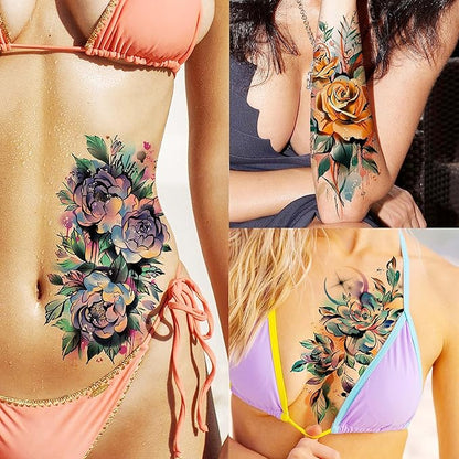 63 Sheets 3D Watercolor Rose Temporary Tattoos For Women Arm Girls Adults, Water Color Peony Flower Tattoo Sticker, Bulk Temp Fake Long Lasting Tattoo Colorful Floral Moon Snake Lion Wolf Tiger