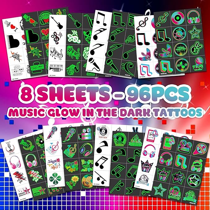 (96PCS) Music Note Notes Musical Motivational Pre-Cut Temporary Tattoos for Kids Birthday Themed Party Supplies Decorations Favors Super Cute Instrument Stickers Tattoo (Luminous)