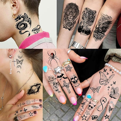 59 Sheets 3D Black Halloween Temporary Tattoos For Men Women Kids, Long Lasting Temp Fake Sleeeve Tattoos For Adults, Large Realistic Skull Skeleton Owl Wolf Lion Tiger Ship Tatoo Sticker Arm