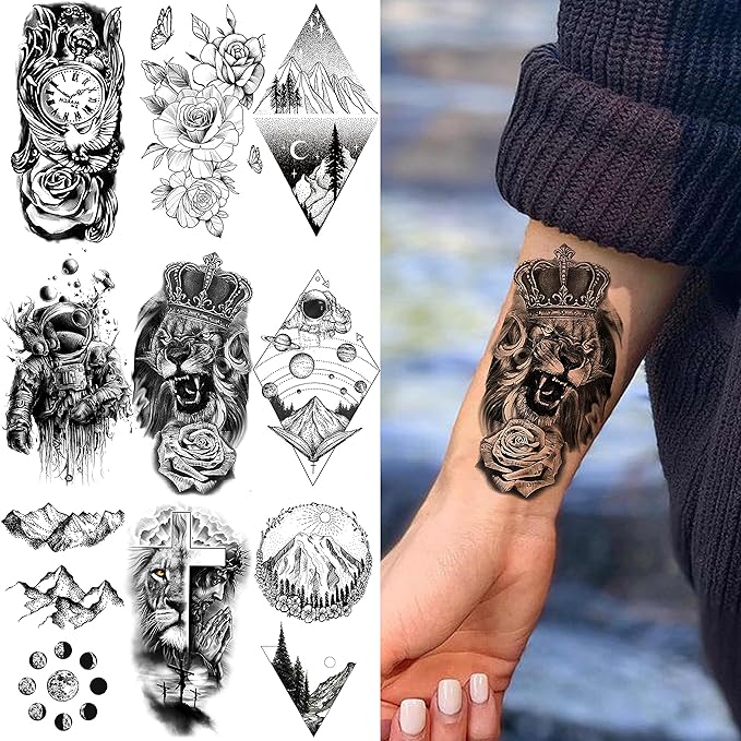 52 Sheets Black Skull Temporary Tattoos For Men Women Arm Neck Tatoos, 3D Realistic Small Rose Flowers Fake Tattoos Temporary, Waterproof Mountain Snake Lion Tiger Temp Tattoo Sticker Adults