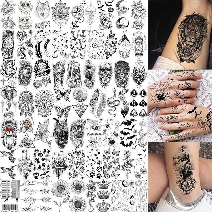 75 Sheets Black Realistic 3D Rose Flowers Temporary Tattoos For Women Girls Adults, Guadalupe Virgin Mary Lotus Snake Peony Florals Blossom Fake Tattoo Stickers Forearm Lion Fox Spider Web Skull Lotus