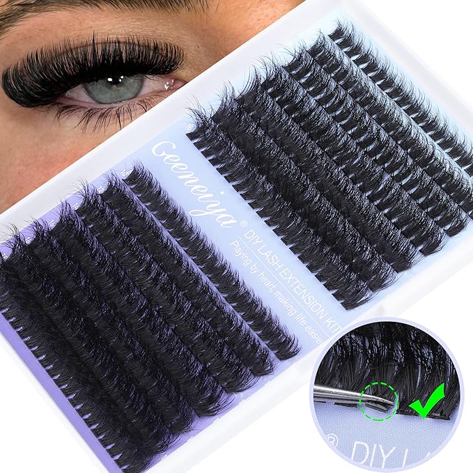 Geeneiya Lash Extension Kit Thick Cluster Lashes DIY Eyelash Extension Kit Individual Lashes Kit with Lash Bond and Seal Glue, Lash Applicator, DIY at Home for Beginners(Thick 60D+80D, 280Pcs)