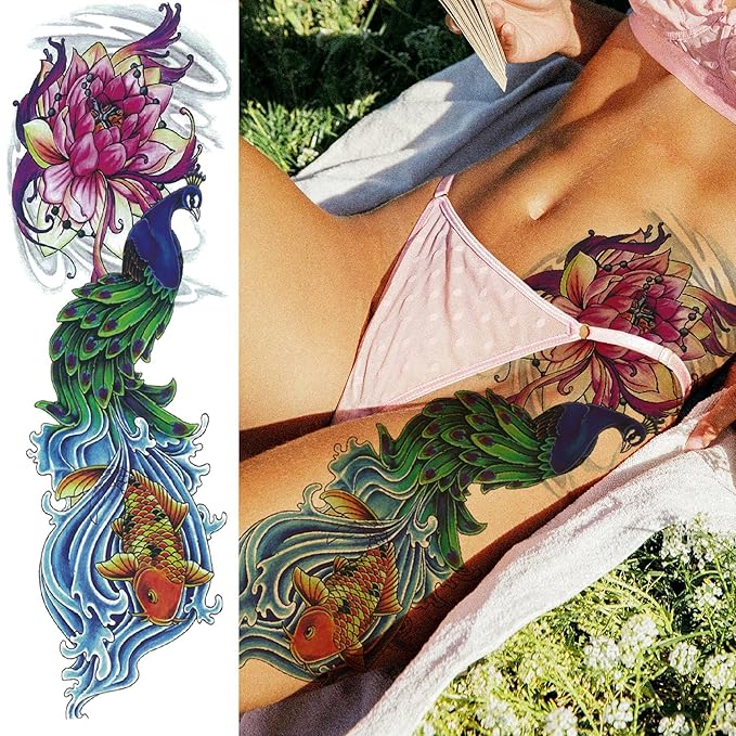20 Sheets Sexy Rose Flower Full Arm Temporary Tattoos For Women Thigh, Lion Wolf Owl Fox Nun Girl Fake Tattoo Sleeve For Adults, Watercolor Floral Blossom Peacock Halloween Sleeve Tattoo Stickers